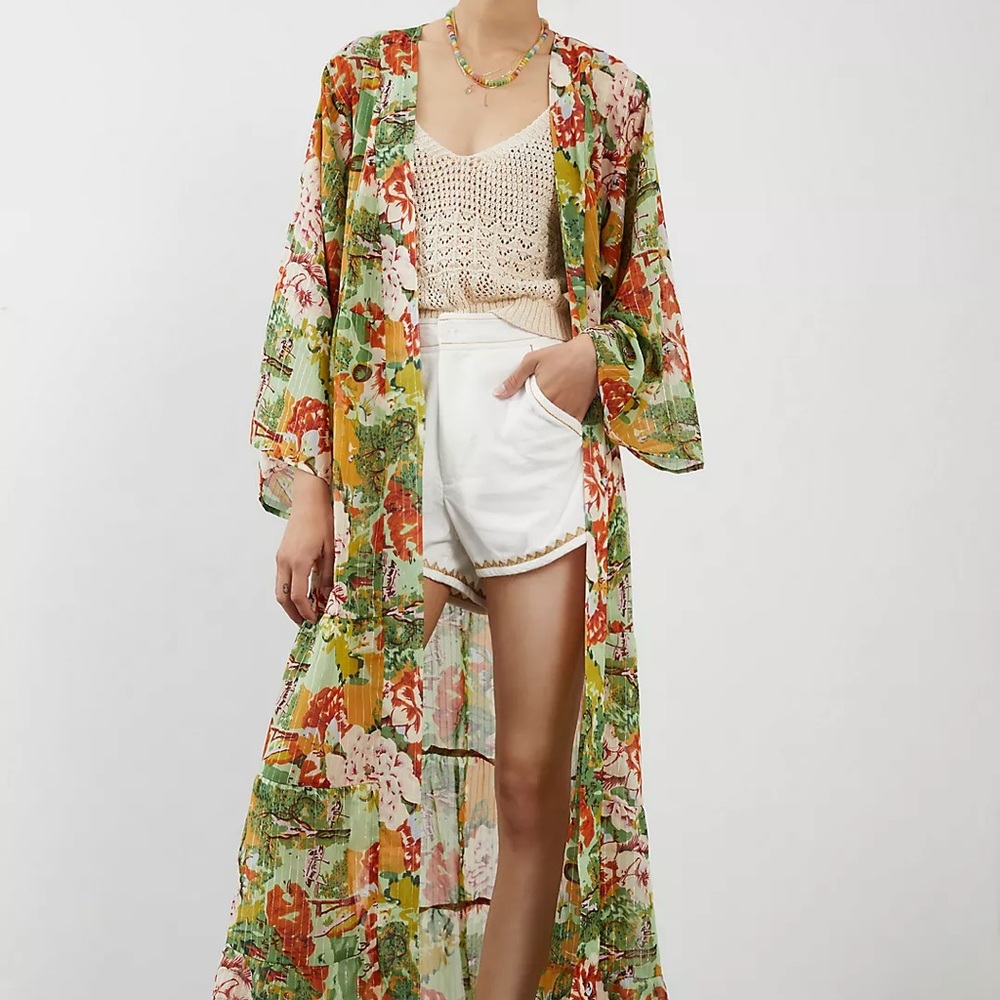 anthropologie green flower floral duster kimono cardigan